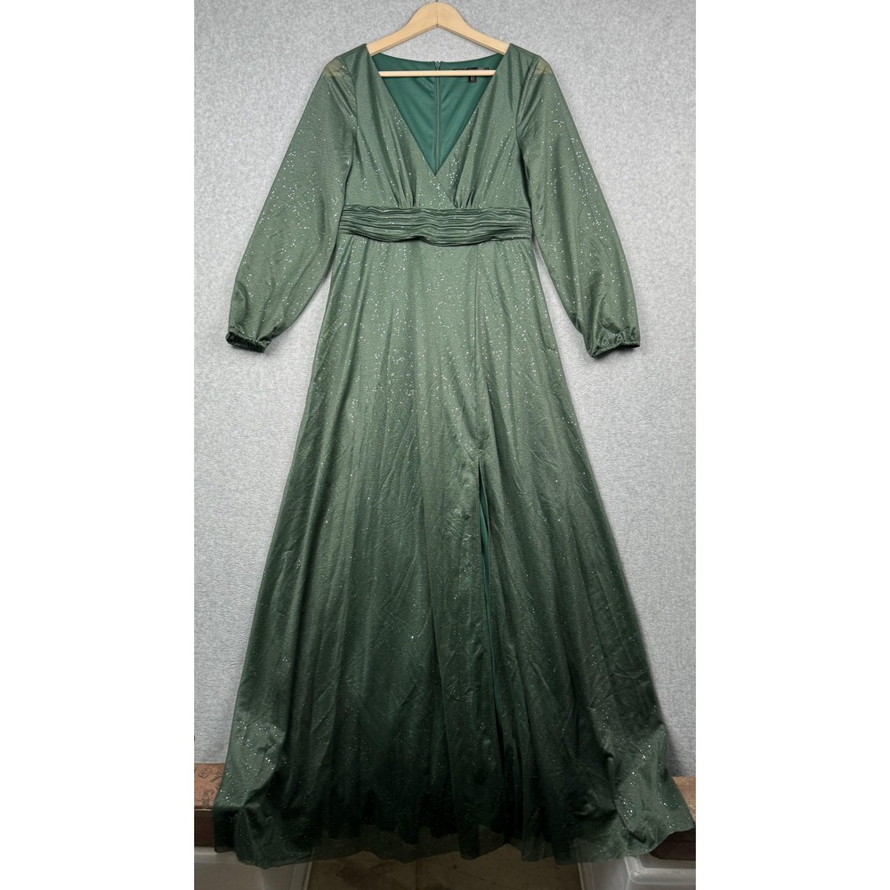 Ever Pretty Maxi Dress Women 10 Green Glitter V Neck Long Sleeve Front Slit Gown